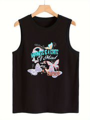 Butterfly & Letter Print Sleeveless Sports Vest Round Neck Stretchy Casual Tops