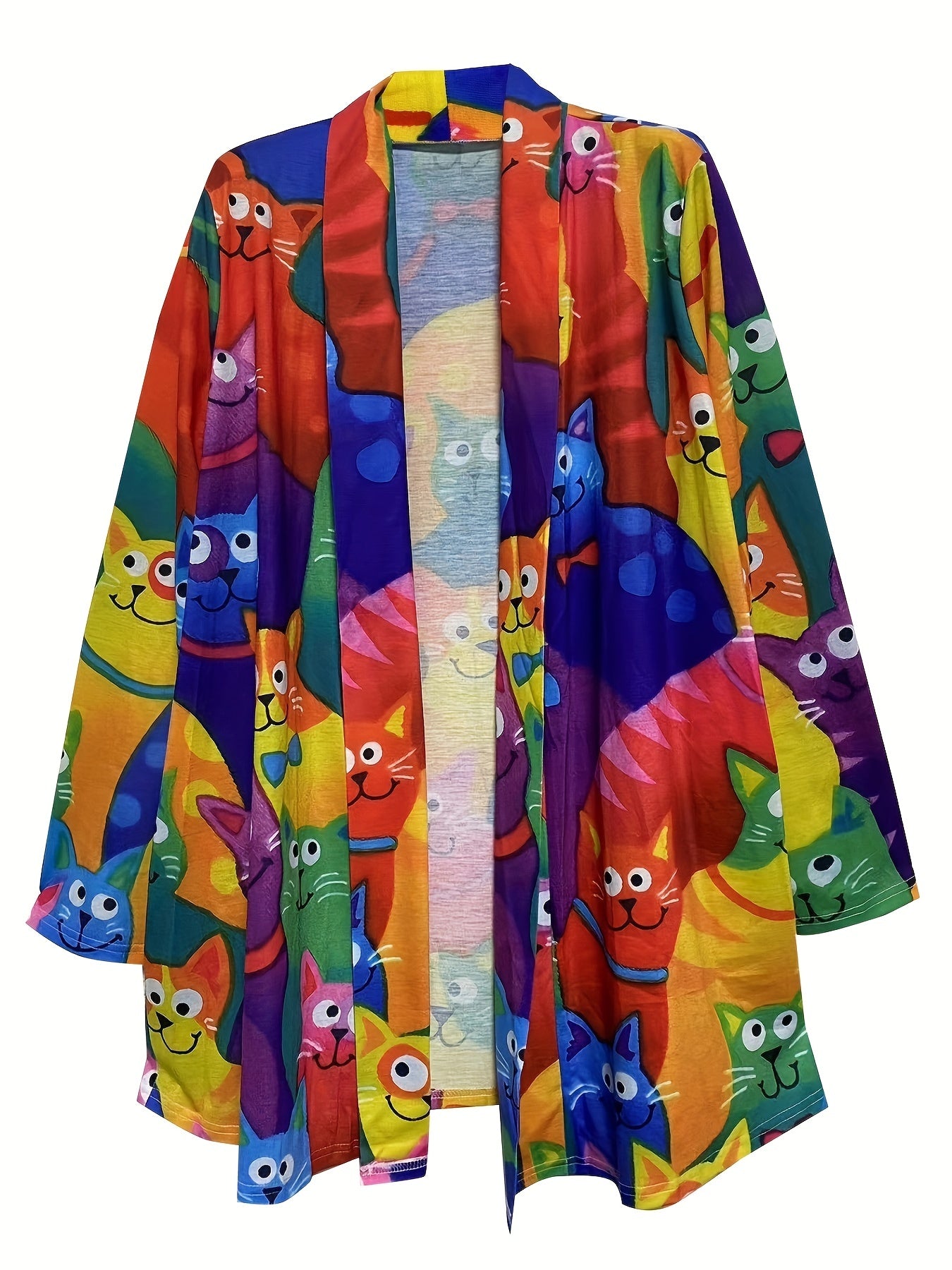 Cat Print Long Sleeve Open Front Cardigan
