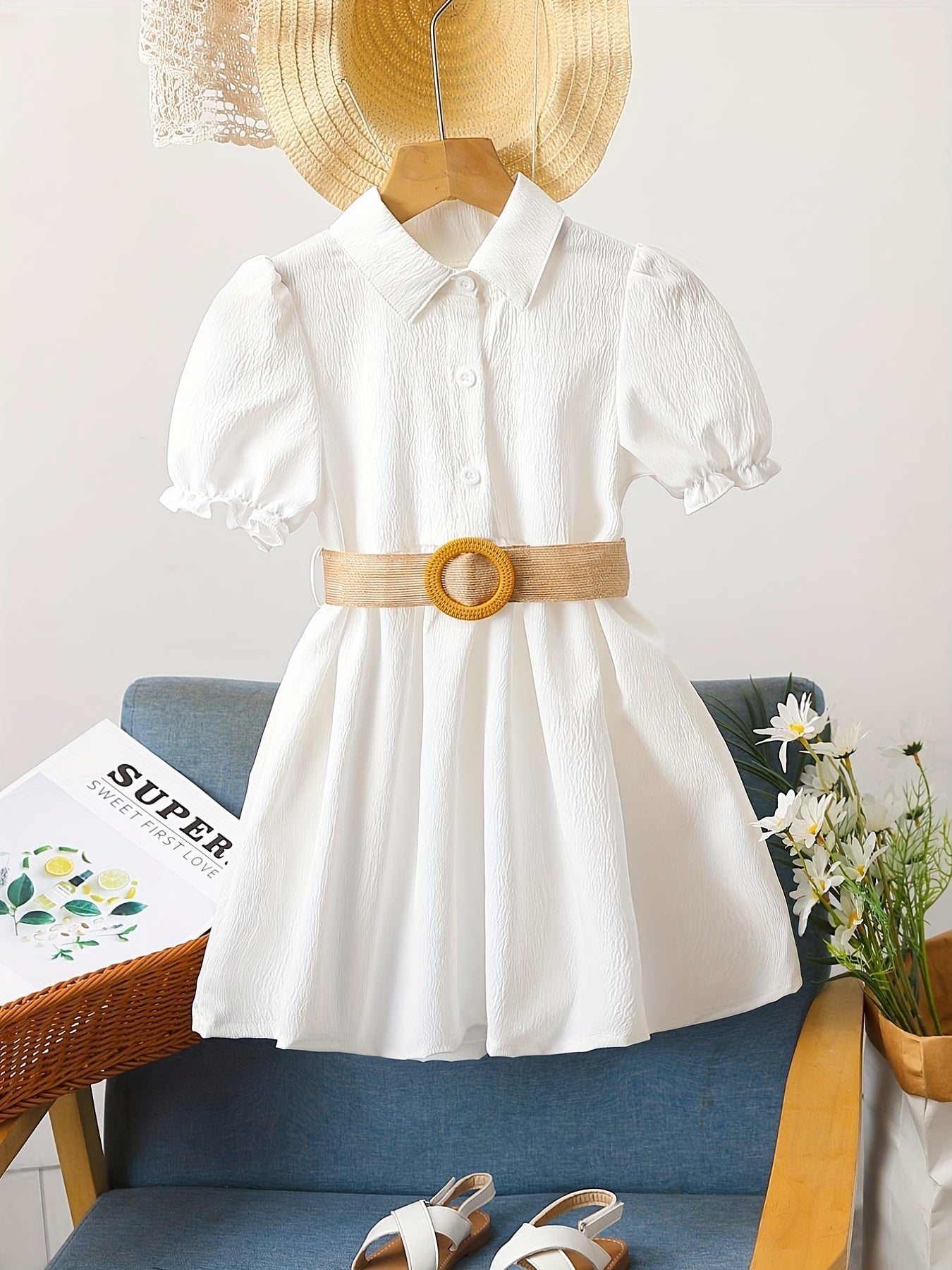 Toddler Girls Puff Sleeve Button Casual Belted Shirt Dress