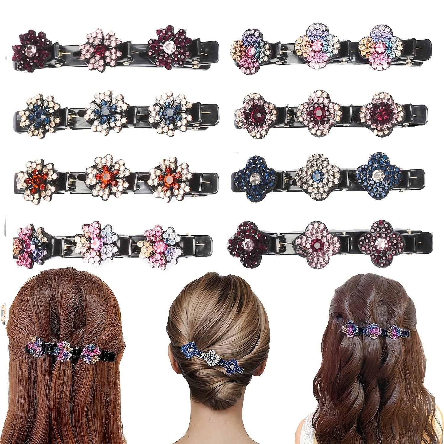 8pcs Rhinestone Flower Hair Clips Hairpins for Girls Daily Use