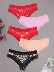 5 Pack Plus Size Sexy Panties Set Leopard & Heart Print Bikini Pant