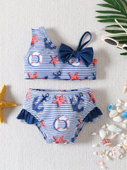 Girls Flamingo Print Bikini Swimsuit Set Ruffle Bow Decor Beach Vacation