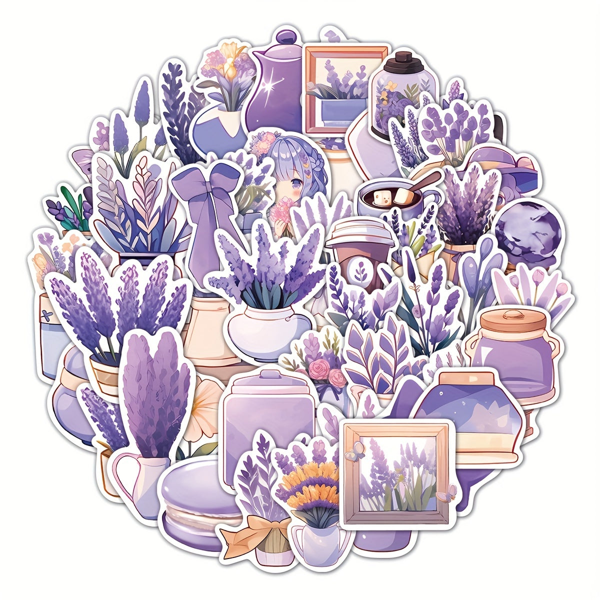 50pcs Lavender Cartoon Phone Case Stickers PVC Waterproof Self adhesive Stickers