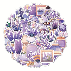 50pcs Lavender Cartoon Phone Case Stickers PVC Waterproof Self adhesive Stickers
