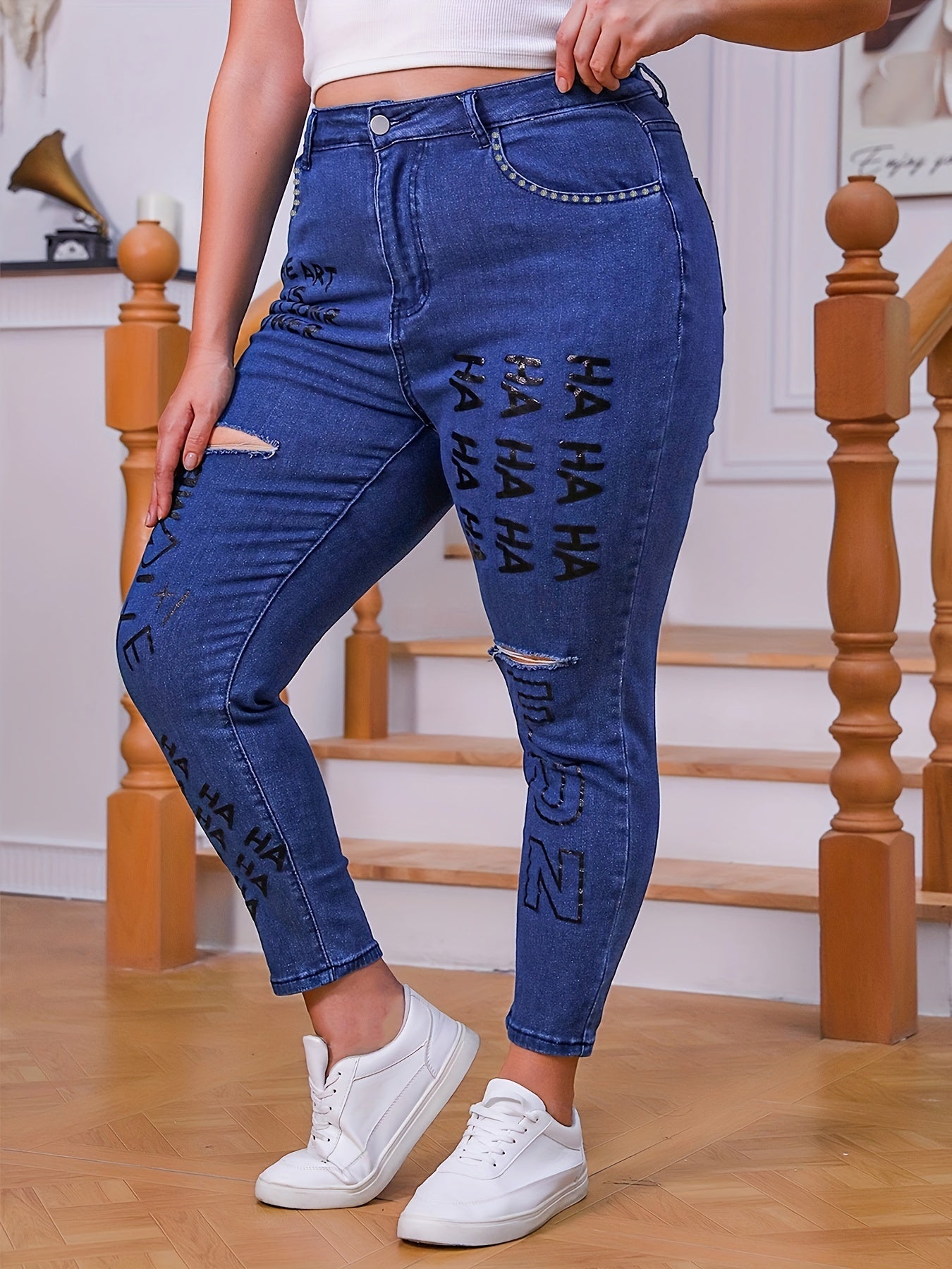 Women's Ripped Skinny Jeans with Slogan Print