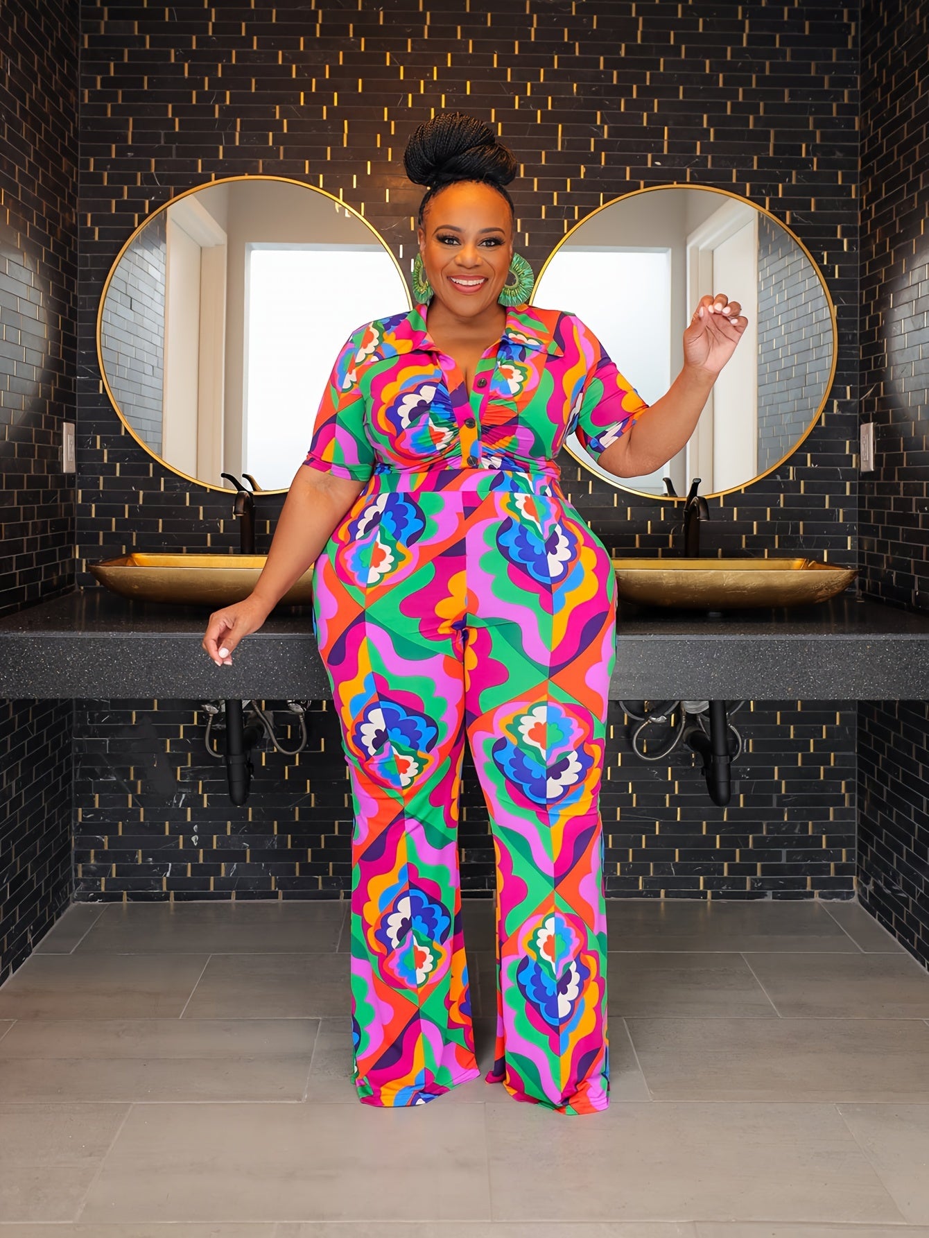 Women's Plus Floral Print Ruched Front Shirt & Pants Set