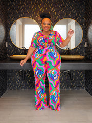 Women's Plus Floral Print Ruched Front Shirt & Pants Set
