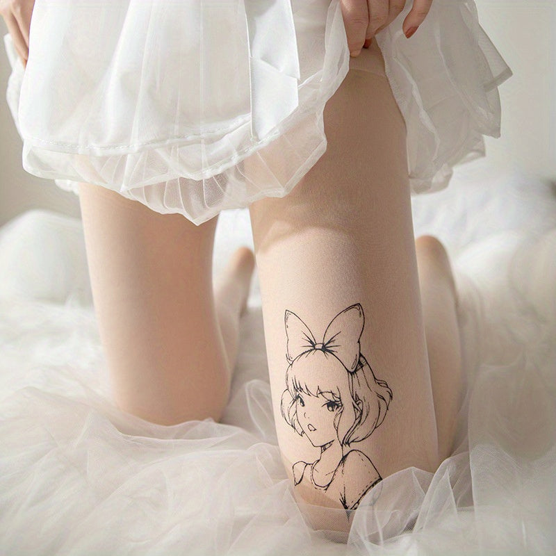 Cartoon Print Mesh Pantyhose High Waist Semi Sheer Footed Pantyhose