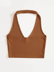 Ribbed Knit Halter Crop Top V Neck Slim Fit Tank Women's Top