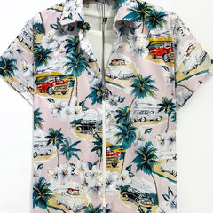 Coconut Tree & Vintage Car Print Men's Short Sleeve Shirt