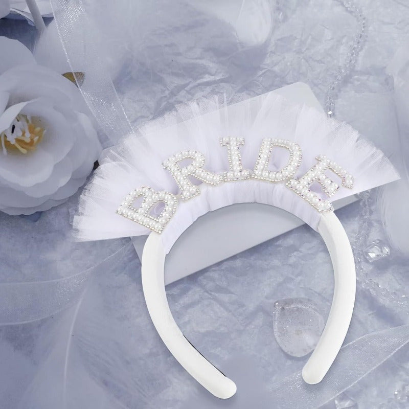 Bride Pearl Headband Tulle Bridal Hair Accessory with BRIDE Embellishment