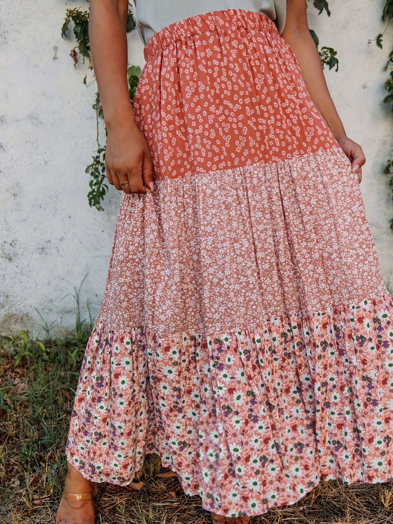 Colorblock Floral Print High Waist Beach Skirt