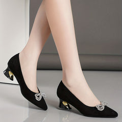 Rhinestone & Bow Chunky Heel Pointed Pumps