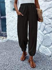 Button Decor Patched Pockets Pants Casual Loose Elastic Waist Comfy Solid Pants