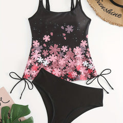 Floral Print Split Strap Knot Side Tankini Set Plus Size