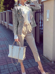 Tweed Double Breasted Blazer Collared Top for Women