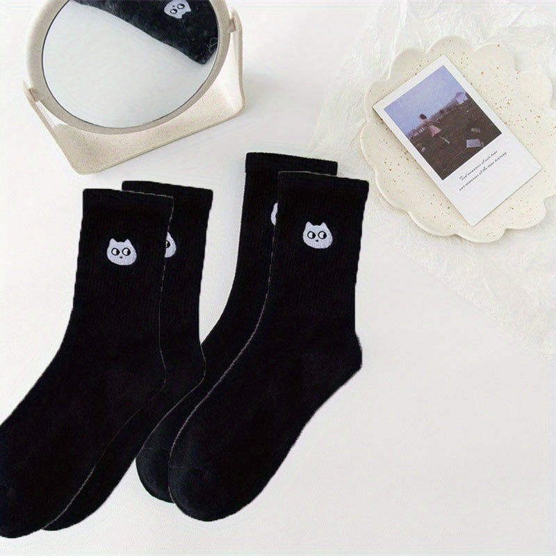 Cartoon Cat Print Socks 2 Pairs Women's Mid Tube Stockings Hosiery