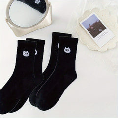 Cartoon Cat Print Socks 2 Pairs Women's Mid Tube Stockings Hosiery