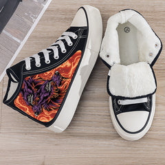Wolf Print Plush Lined Thermal Chunky Canvas Sneakers