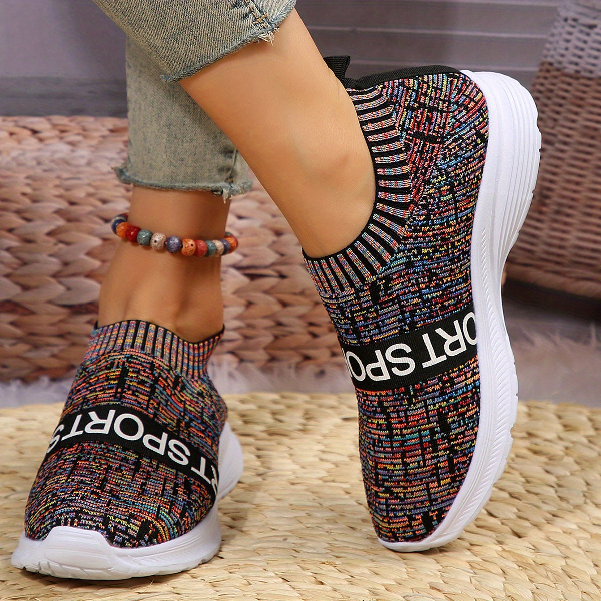Women's Colorblock Flying Woven Slip On Sneakers Round Toe Casual Non-slip Shoes