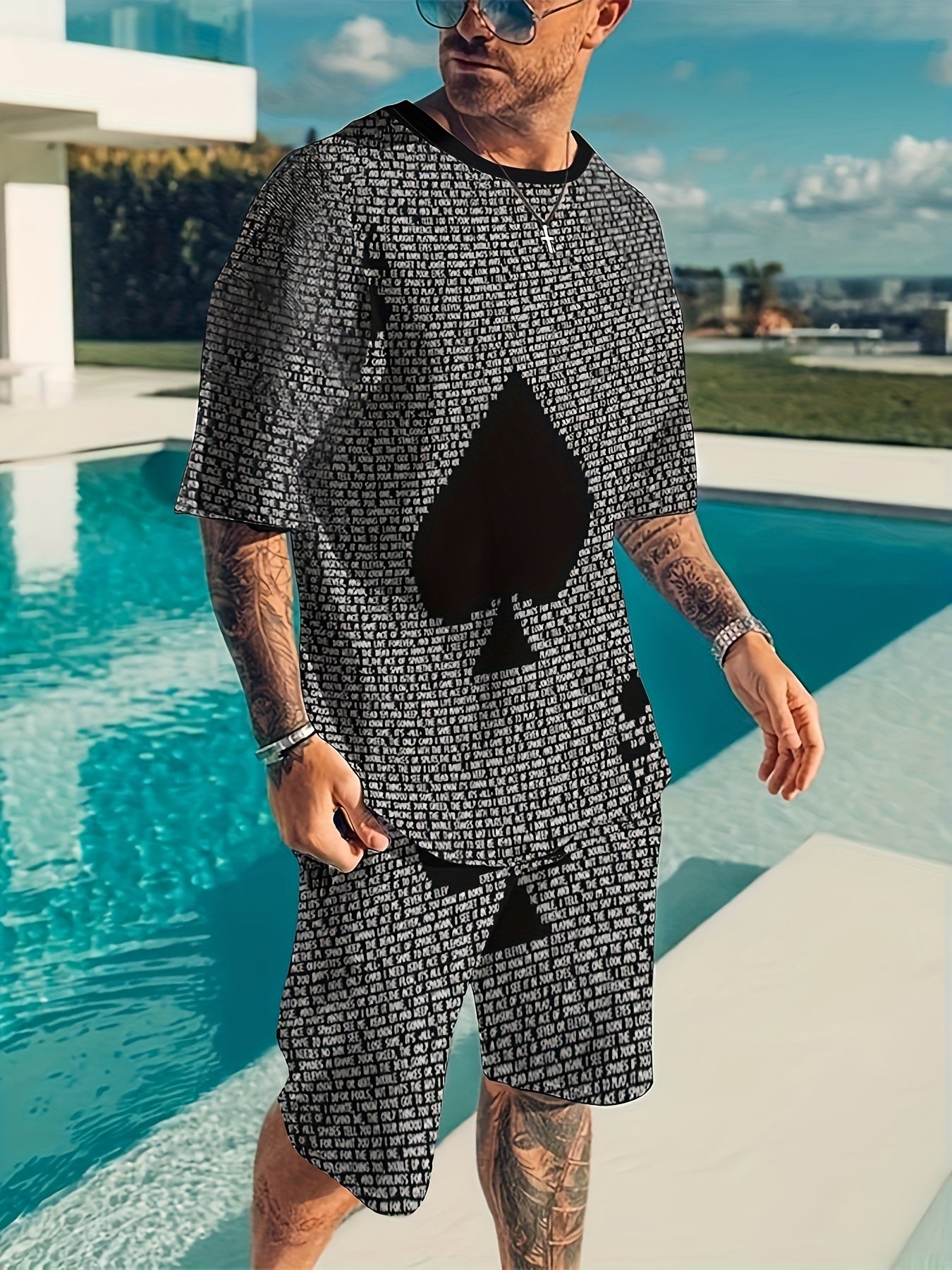 Men's 2 Piece Spade Pattern T-shirt & Shorts Set for Summer