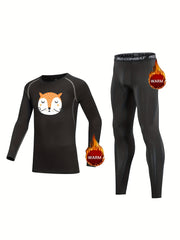 Kids Compression Fleece Sets - Cartoon Pattern Pullover & Elastic