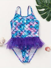 Girls Mermaid Fish Scale Print Swimsuit Sleeveless Camisole Mesh Decor