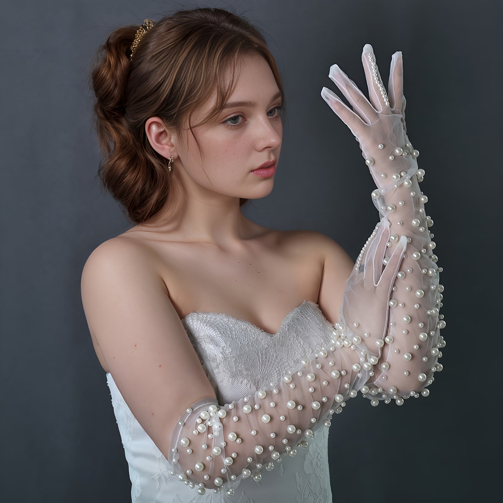 Faux Pearl Mesh Long Gloves for Women - Wedding & Party Accessory