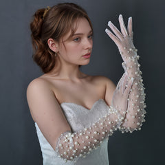 Faux Pearl Mesh Long Gloves for Women - Wedding & Party Accessory