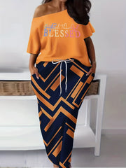 Letter Print Cold Shoulder Top & Geo Print Skirt Set
