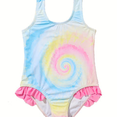 Girls Gradient Tie Dye Ruffle Trim Swimsuit