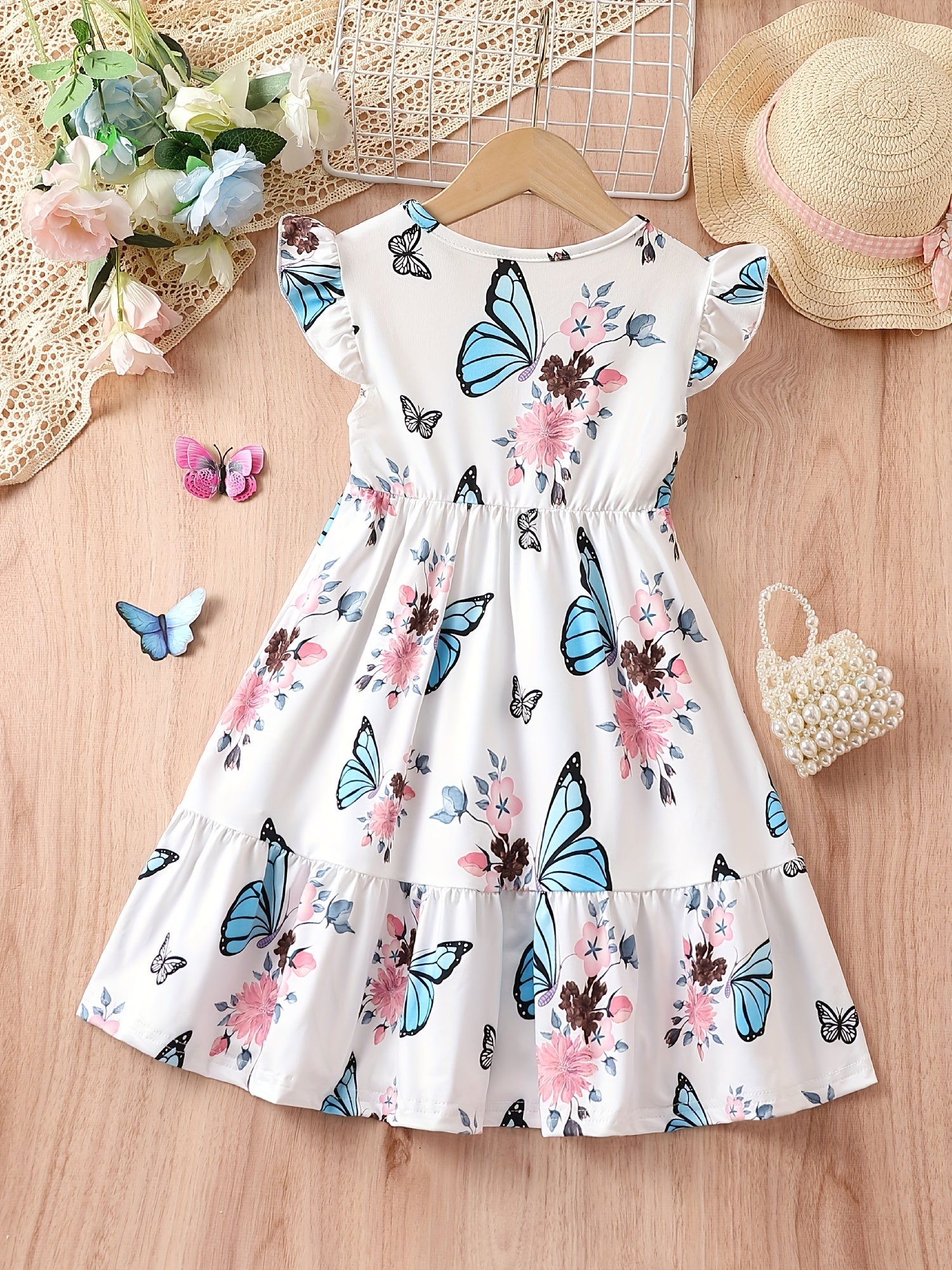 Girls Butterfly Ruffle Sleeve Cotton Dress For Party Beach Holiday