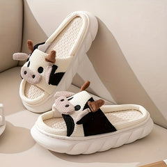 Women's Cow Decor House Slippers Open Toe Slip On Shoes