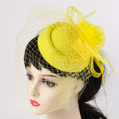Yellow Mesh Flower Fascinator Hat Feathers Veil Mesh Faux Pearl Small Beret