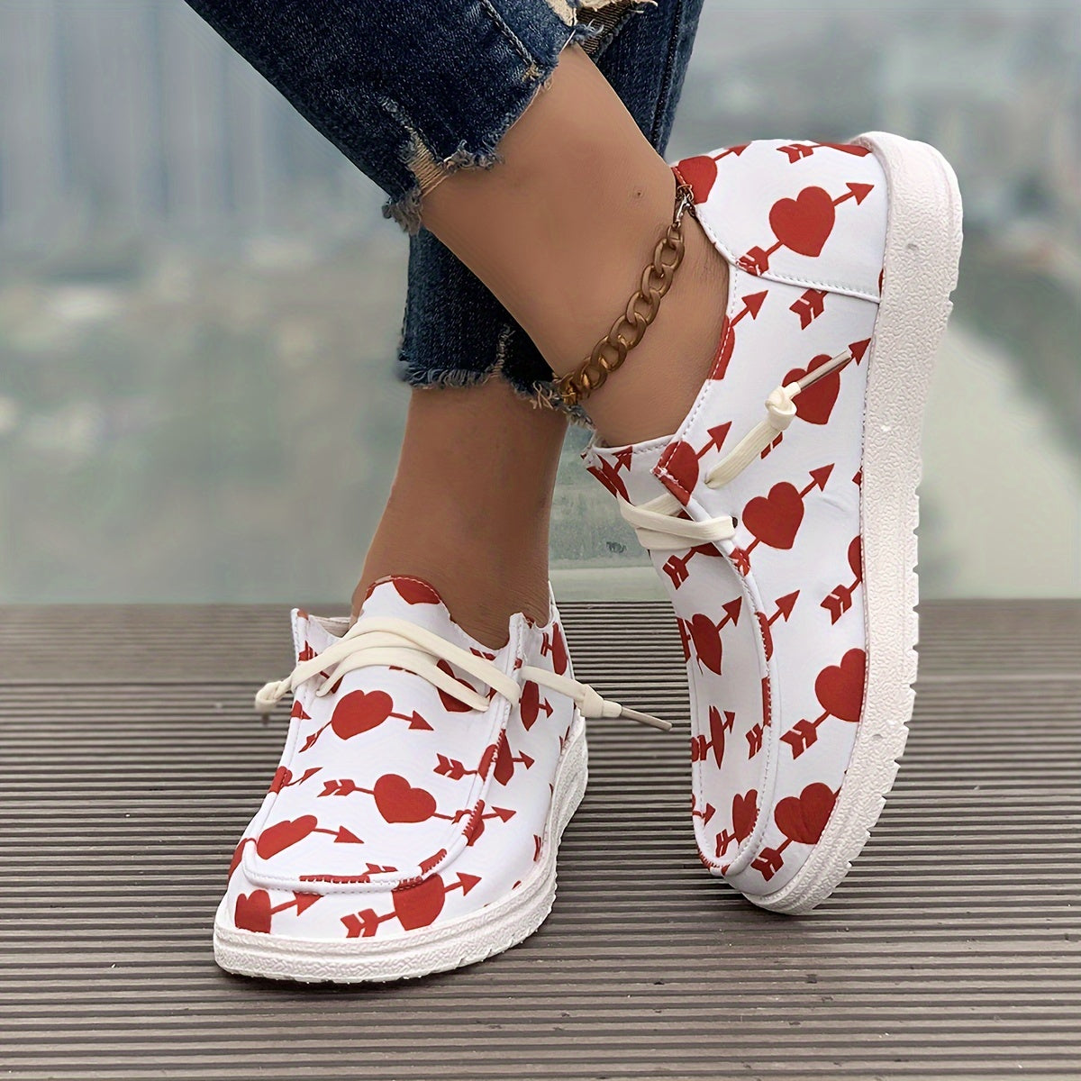 Women's Heart Pattern Skate Shoes Flat Casual Canvas Sneakers