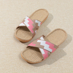 Crisscross Strap Linen Slides Colorblock Open Toe Slip On Flat Shoes