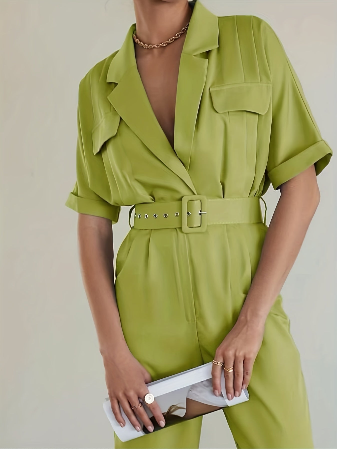Wide Leg Belted Jumpsuit Notched Collar Short Sleeve Jumpsuit