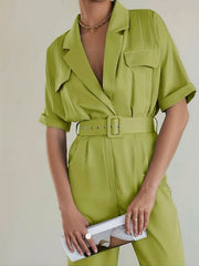 Wide Leg Belted Jumpsuit Notched Collar Short Sleeve Jumpsuit