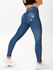 Faux Denim Print Yoga Leggings High Stretch Running Yoga Tight Pants
