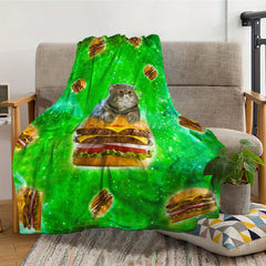 Flannel Hamburger Cat Print Blanket - Multifunctional Picnic Blanket