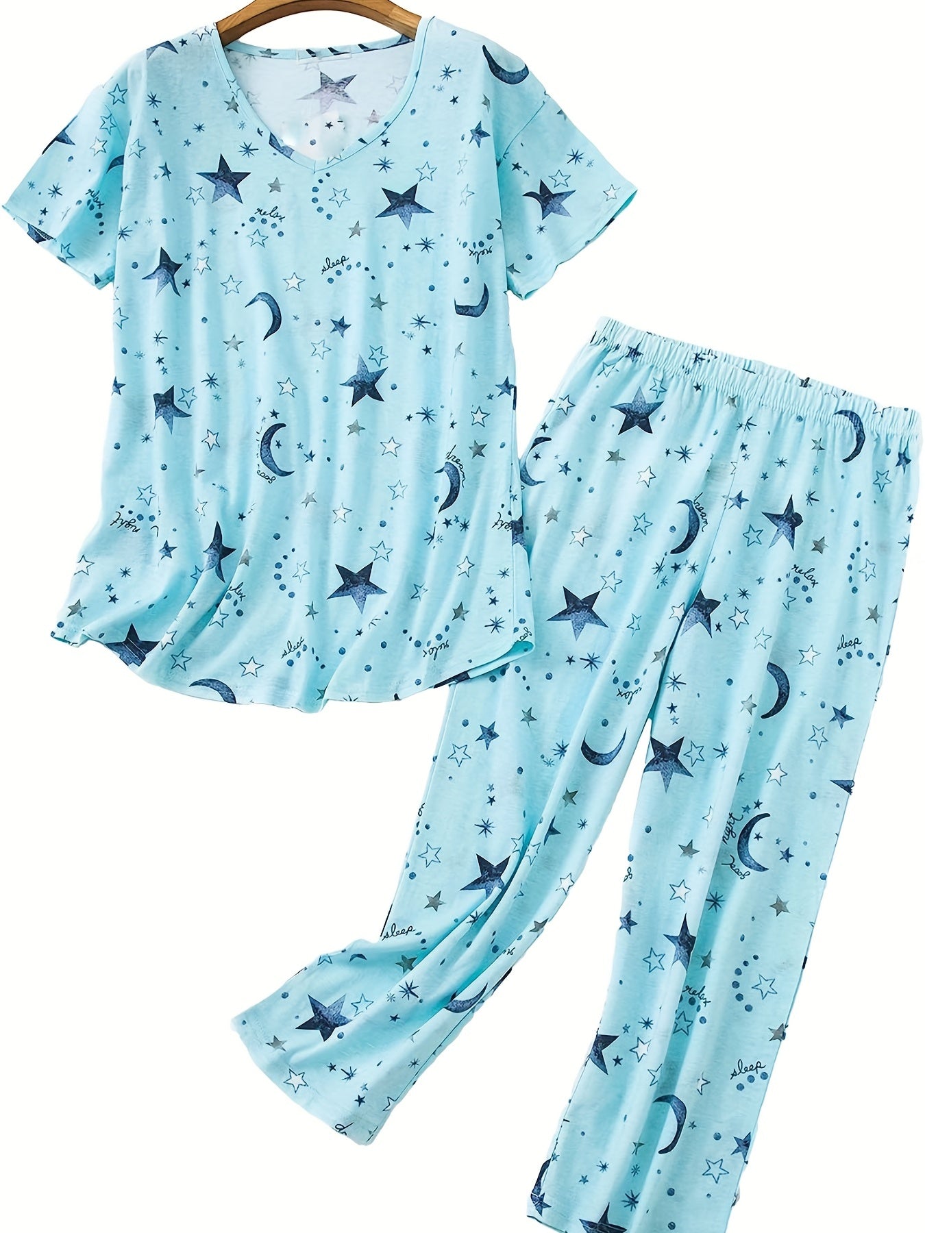 Star Print Pajama Set Short Sleeve Crew Neck Top & Pants Women's Sleepwear