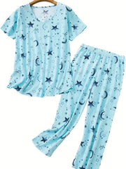 Star Print Pajama Set Short Sleeve Crew Neck Top & Pants Women's Sleepwear