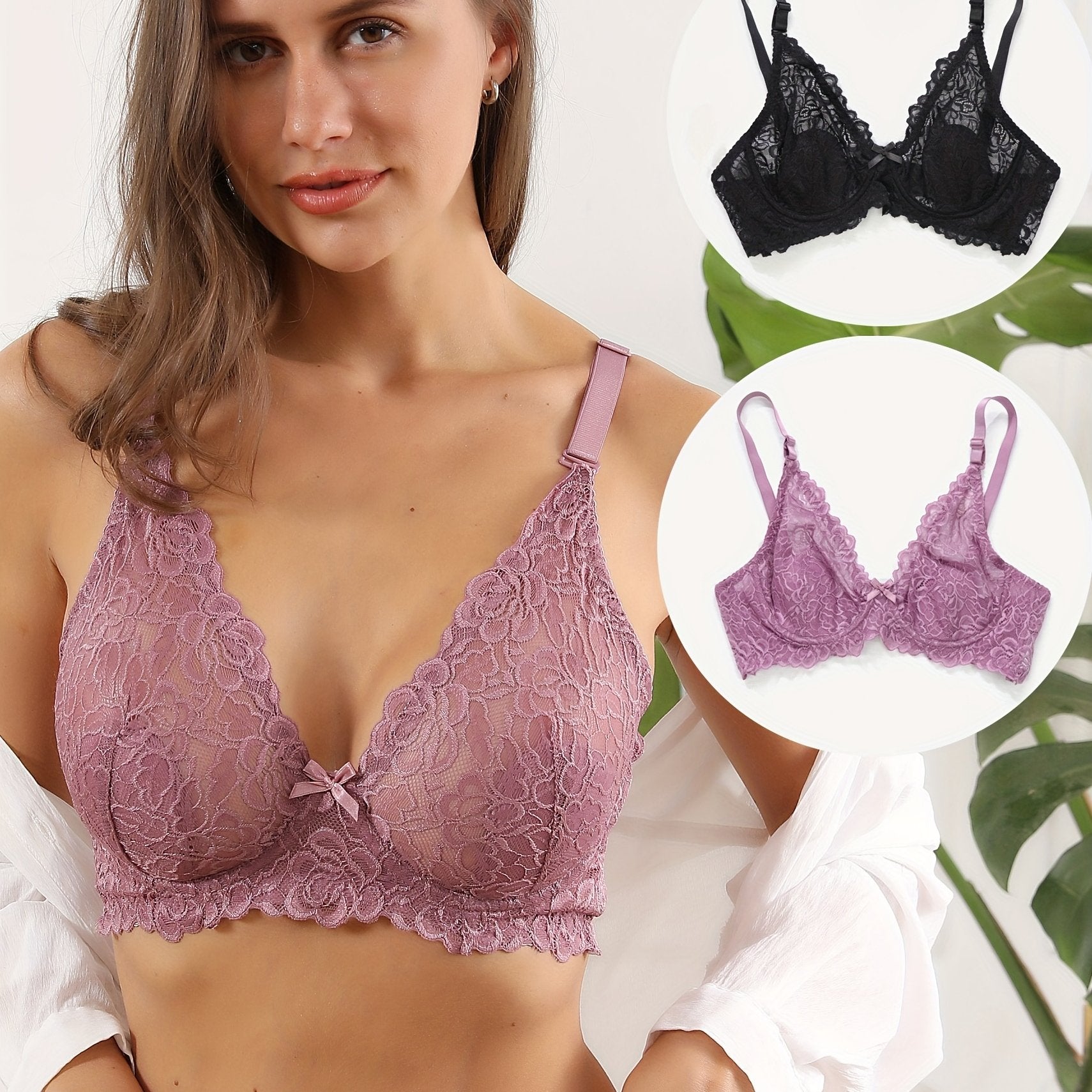 2pcs Lace Wireless Bras Ultra thin Breathable Everyday Bra Women's Lingerie