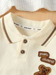 Preppy Style Boy's 2pcs Bear Embroidered Polo Shirt & Pants Set