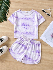 2pcs Girls Tie Dye T-Shirt & Shorts Set Kids Summer Clothes