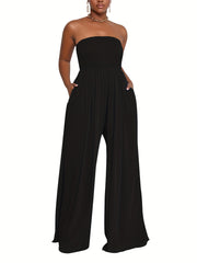 Shirred Wide Leg Tube Jumpsuit Backless Causal Jumpsuit