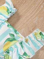 2pcs Baby Girls Fruit Print Ruffle Trim Dress & Headband Set