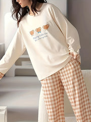 Bear Print Pajama Set Long Sleeve Top & Plaid Pants Women's Sleepwear