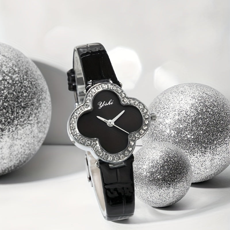 Four Leaf Clover Watch Rhinestone Studded Quartz Wristwatch