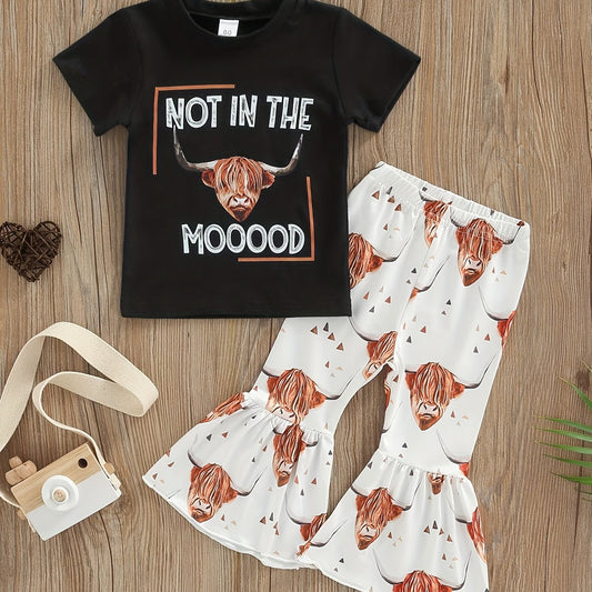 Girls Cow Print T shirt & Flared Pants Set For Summer